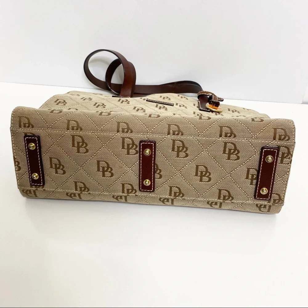 Dooney & Bourke Tan Logo Jacquard Tote with Brown Leather Trim
